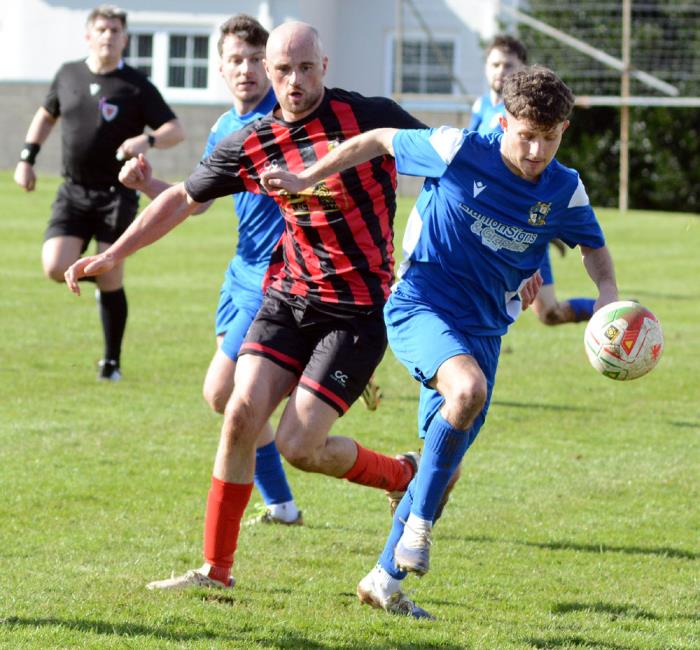 Jimmy Wilkes in action against Tenby scored twice for Monkton against his former club Pennar